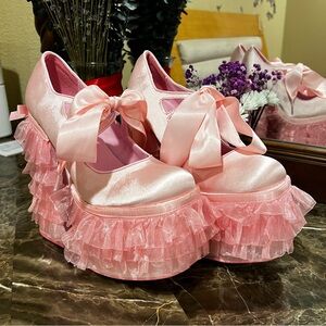 Sugar Thrillz Pink Satin Ruffle Platform Shoes